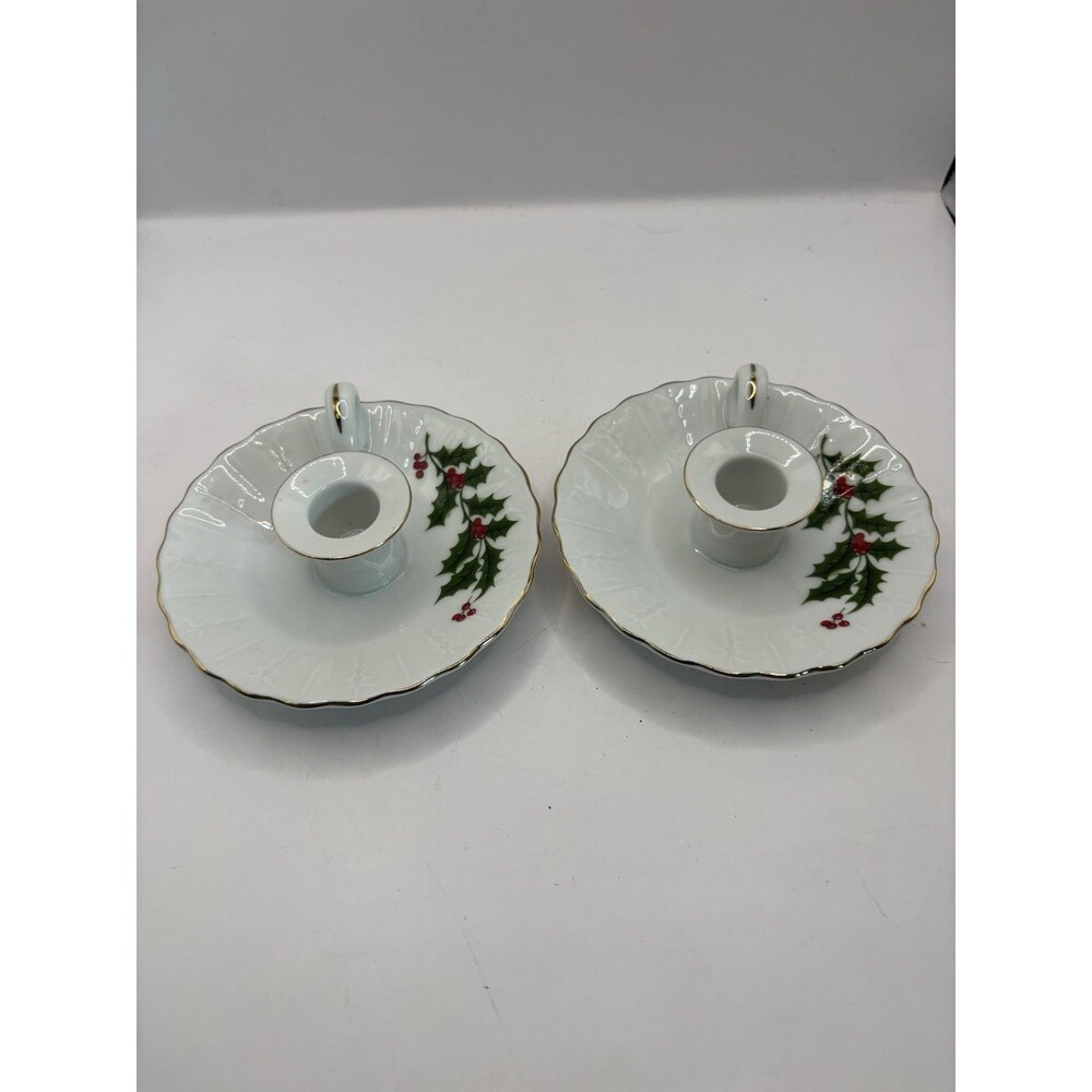 Vintage Macy’s Christmas All The Trimmings Candle Stick Holders 1986 Holly Leaf